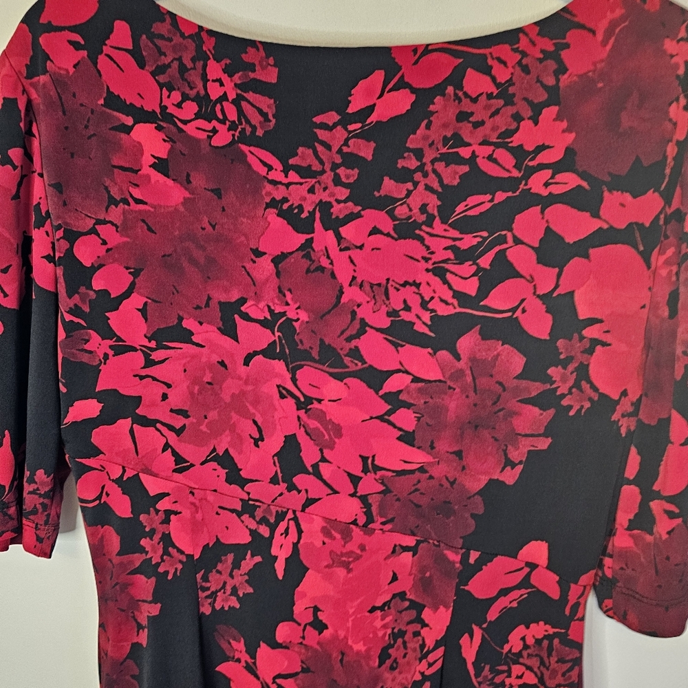 Connected Apparel Red Floral Faux Wrap Midi Dress Size 12 - Picture 8 of 11